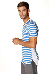 Blue and white stripe short-sleeved henley shirt with side slit detail from nautical raglan resort collection