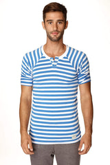 Blue and white striped short-sleeved henley tee with buttoned placket nautical raglan resort style