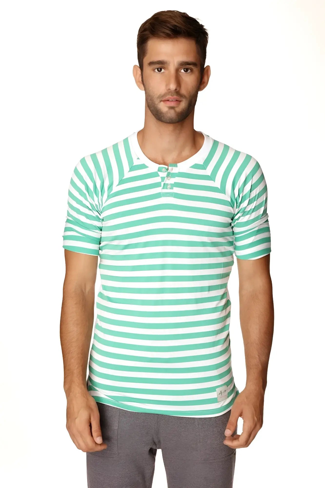 A men’s short-sleeved nautical raglan resort henley tee with horizontal mint green and white stripes and buttoned placket