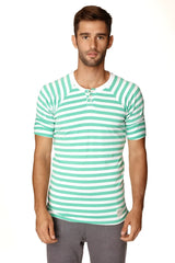 A men’s short-sleeved nautical raglan resort henley tee with horizontal mint green and white stripes and buttoned placket