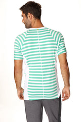 A men’s short-sleeved raglan sleeve t-shirt with mint green and white horizontal stripes called nautical raglan resort henley tee