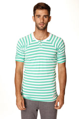 A men’s short-sleeved nautical raglan resort henley tee with horizontal mint green and white stripes and buttoned placket