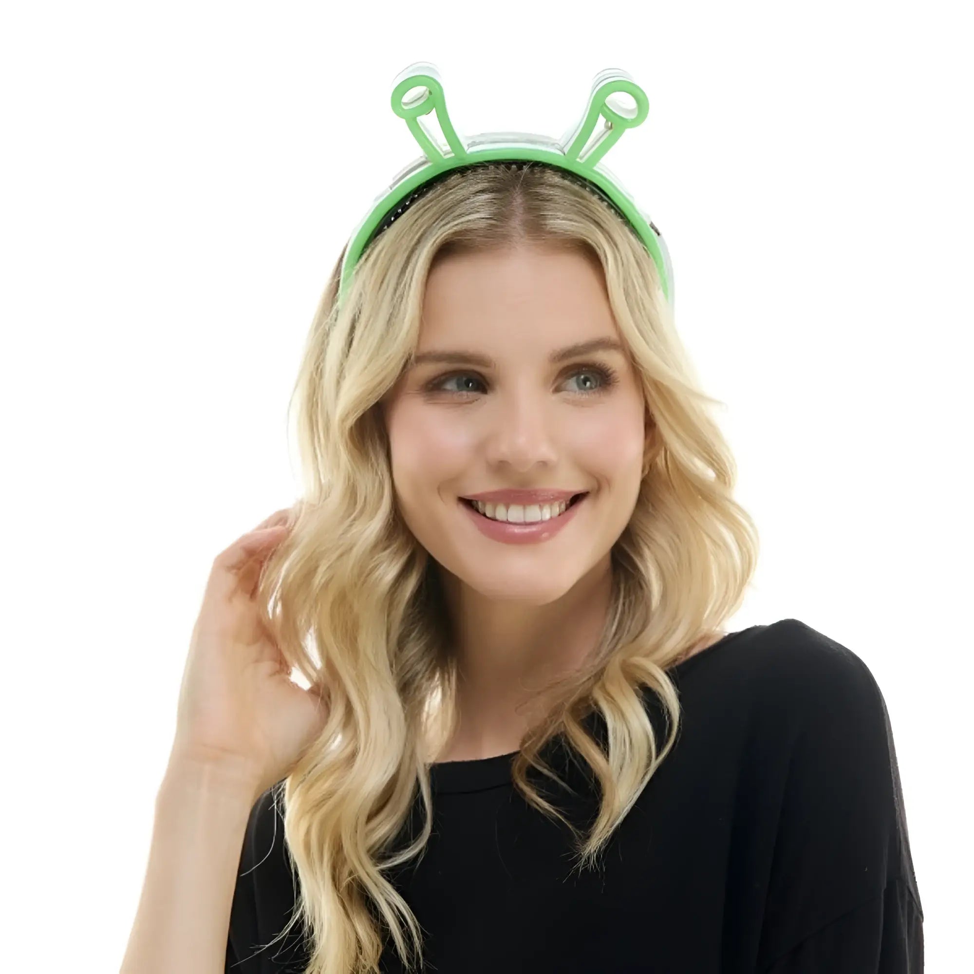 A bright green neon alien headband made of plastic with two antennae for fun costume or party wear