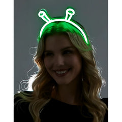 Green neon alien headband with glowing antennae made of flexible plastic for fun party wear