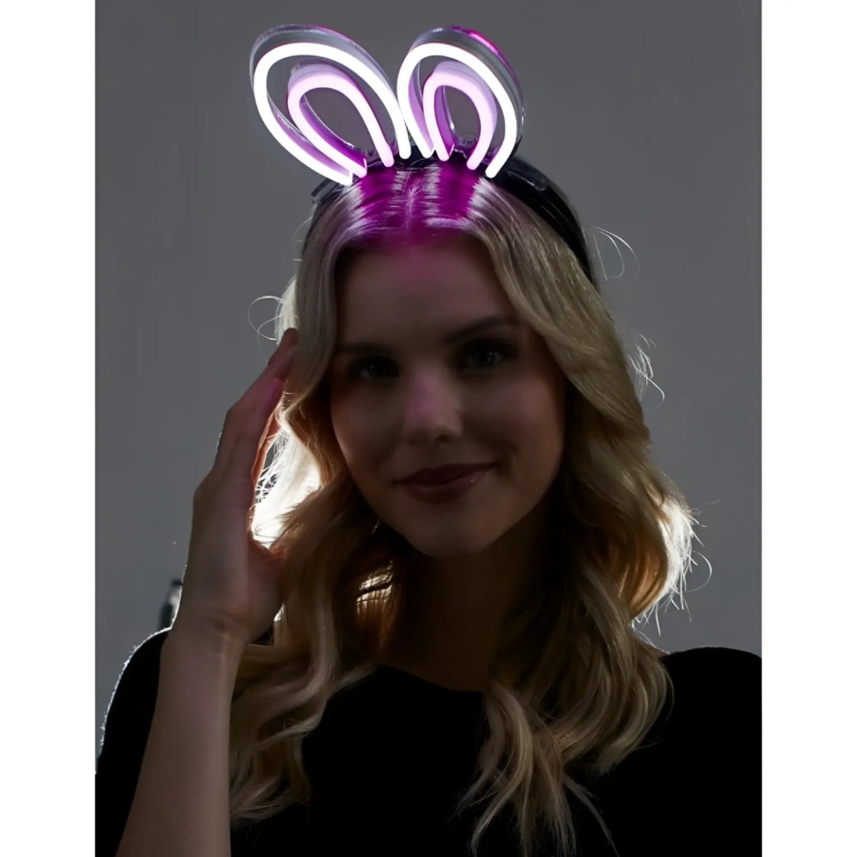 Purple neon bunny ears headband featuring glowing flexible light tubes for festive parties and events