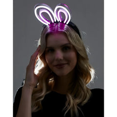 Purple neon bunny ears headband featuring glowing flexible light tubes for festive parties and events