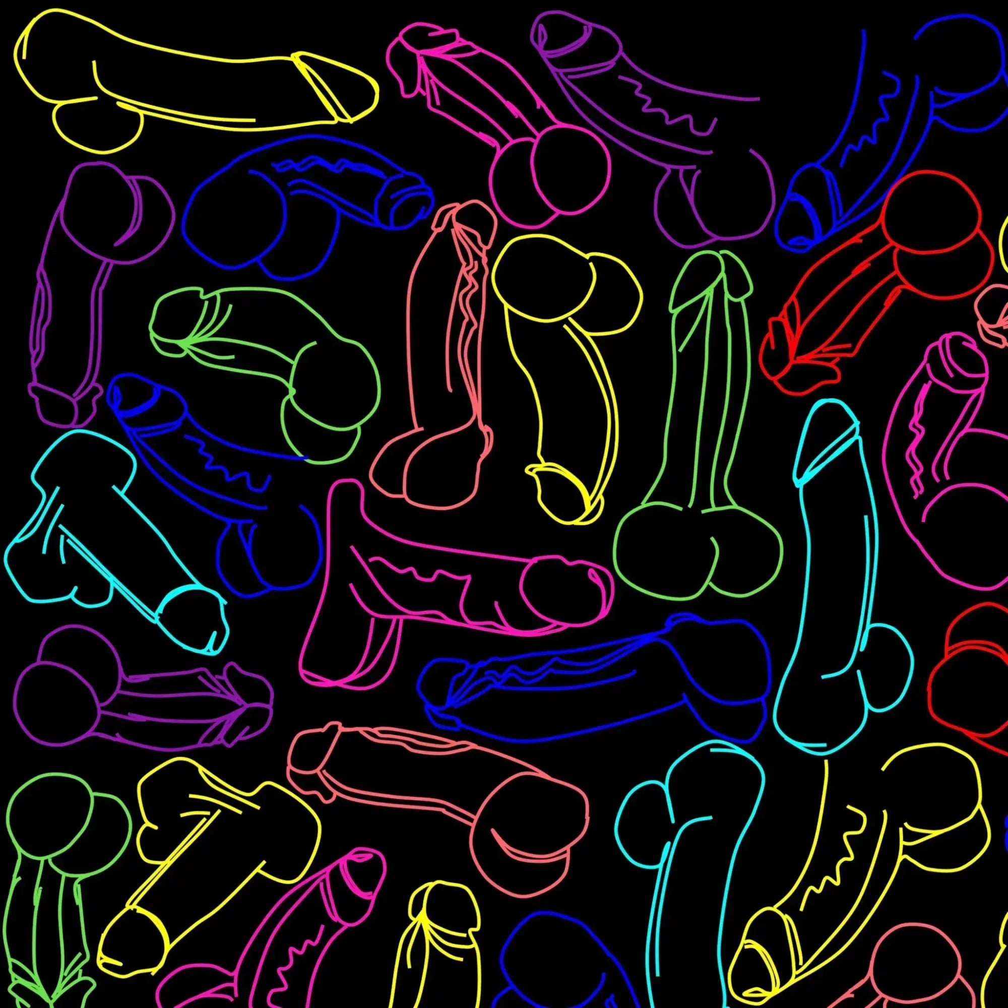 Neon cocks tank top featuring neon-colored outlined male genitalia patterns on black background for casual wear