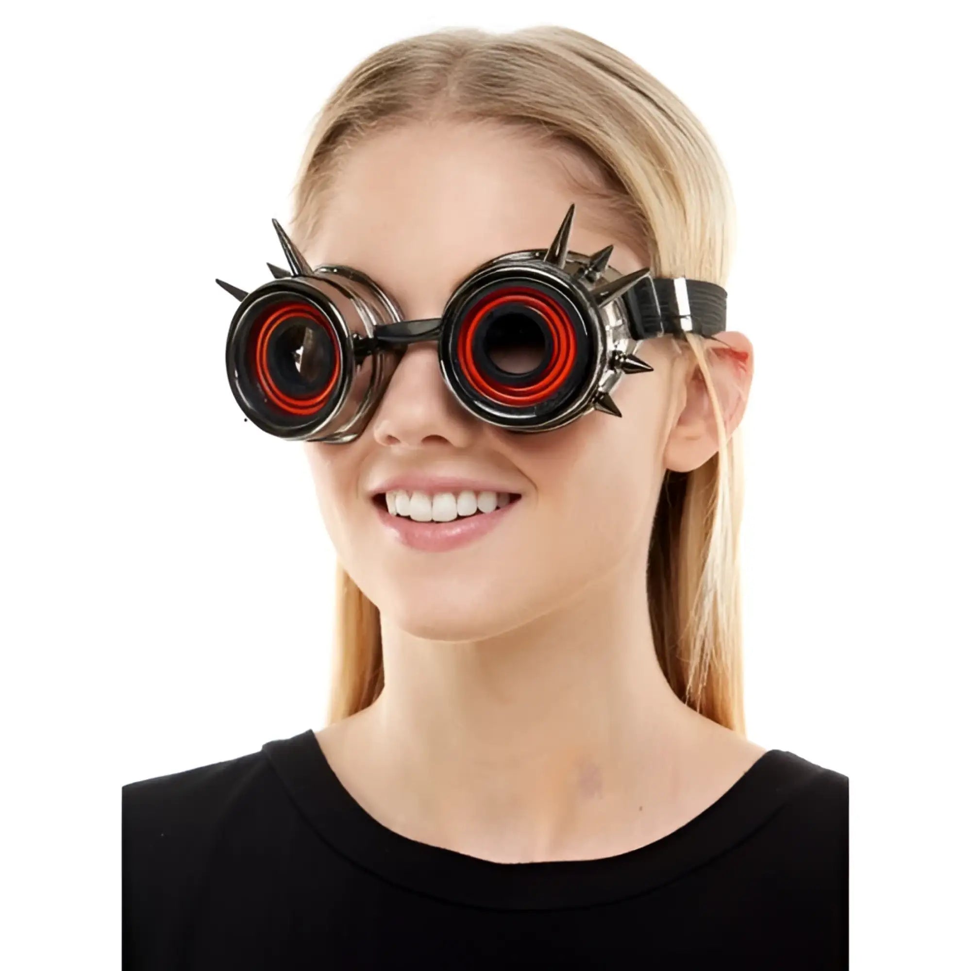 Black spiked steampunk neon light up goggles with red circular lenses for striking cosplay or rave accessories