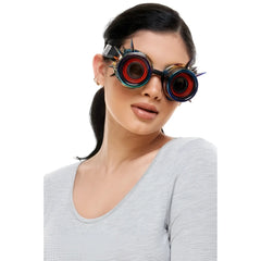 Neon light up goggles with steampunk style red and black circular lenses and metallic frames adorned with sharp spikes