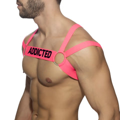 Bright pink neon multi band harness with black addicted lettering across the chest strap for bold style