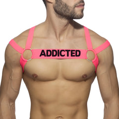 Bright pink neon multi band harness with black addicted text across the chest for stylish secure support