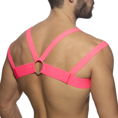 Bright pink elastic strap harness with a central circular ring neon multi band harness for adjustable fit