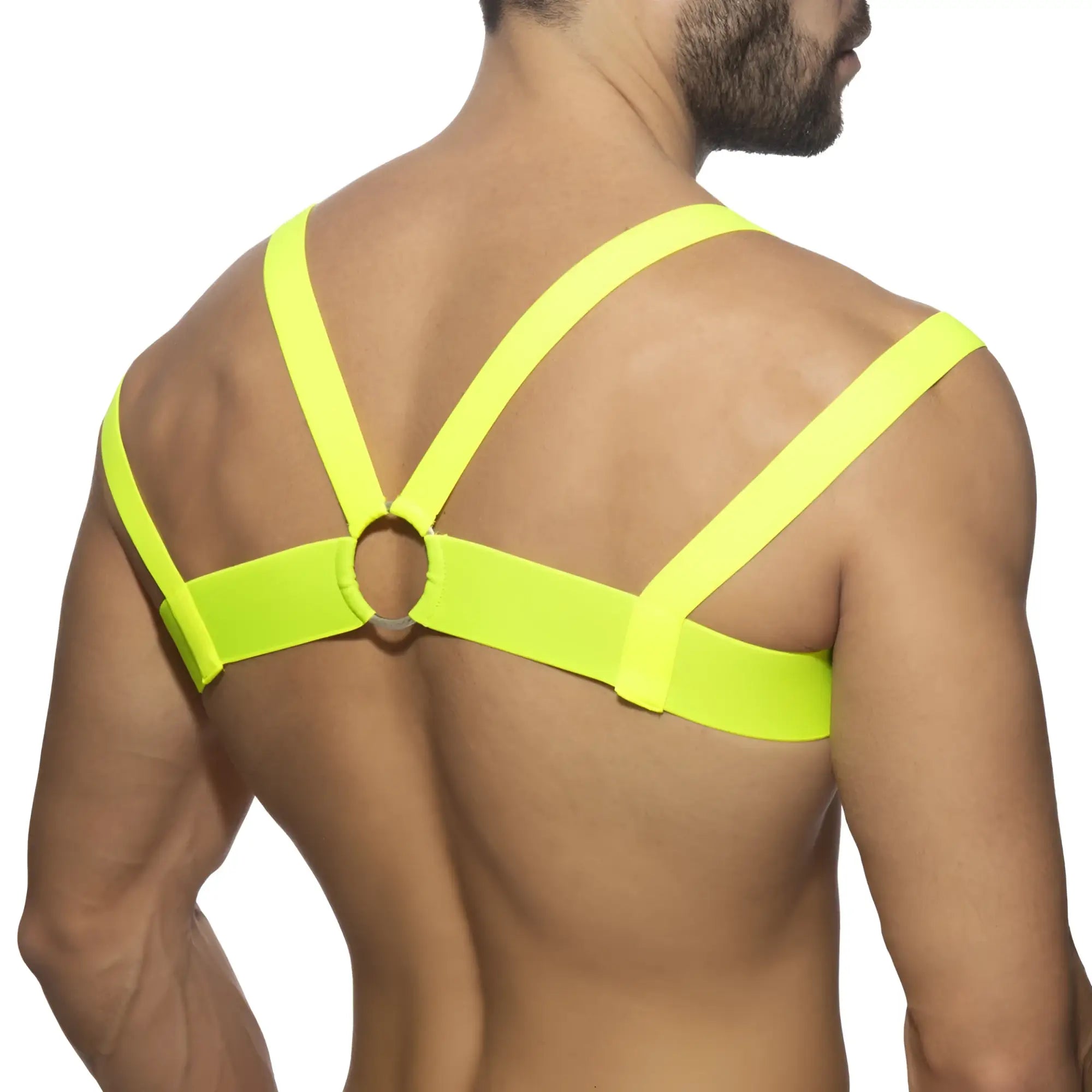 Neon multi band harness featuring a neon yellow elastic strap with a central circular ring for secure fit