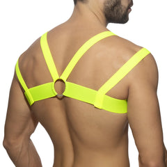 Neon multi band harness featuring a neon yellow elastic strap with a central circular ring for secure fit