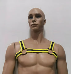 Neoprene bulldog harness in yellow and black striped leather with metal rings for secure dog walking
