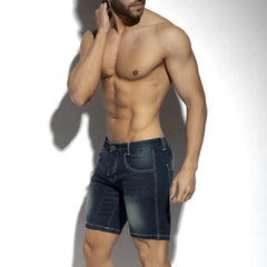New denim bermuda jeans dark blue denim shorts with classic five-pocket design and light-wash fading on thighs