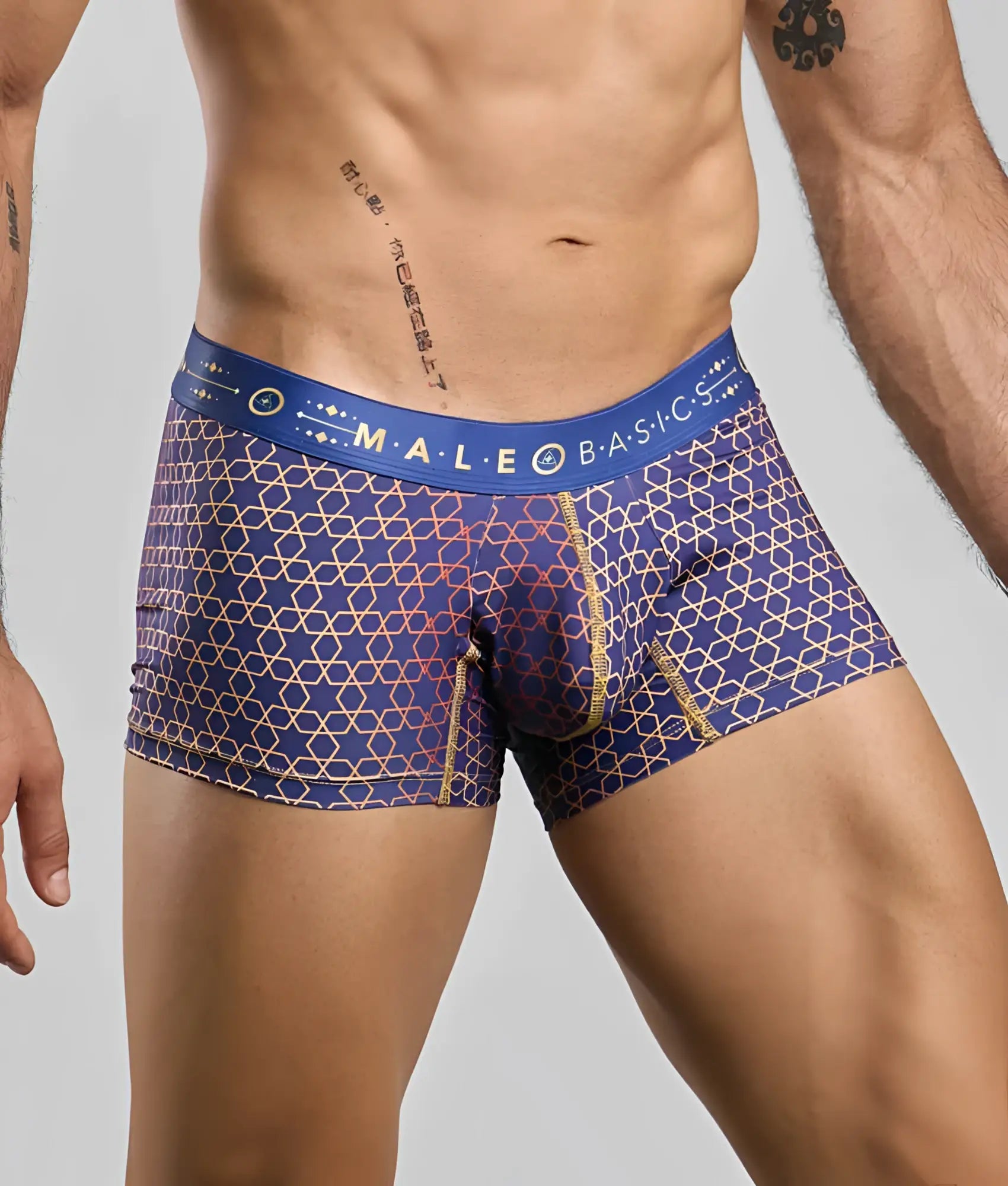 New Malebasics trunk hipster men’s boxer briefs with blue and gold geometric pattern and branded waistband