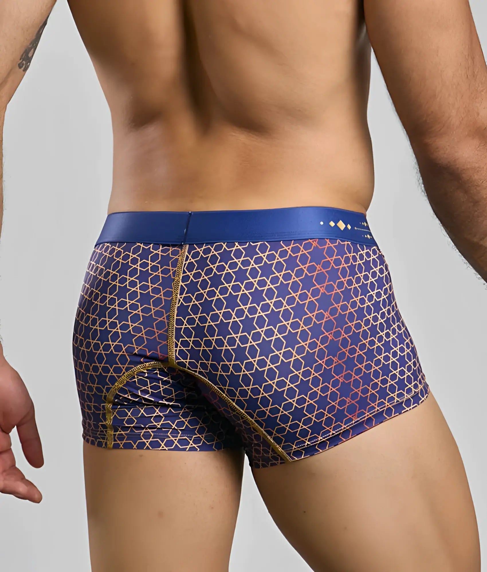 New Malebasics trunk hipster men’s boxer briefs with blue and gold geometric pattern and solid blue waistband