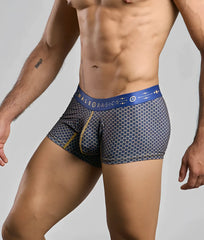 New Malebasics trunk hipster men’s boxer briefs with blue and gray hexagonal pattern and gold trim leg openings