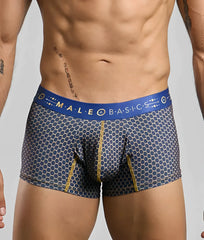 New malebasics trunk hipster men’s boxer briefs in blue and gray honeycomb pattern with bold blue male basics waistband