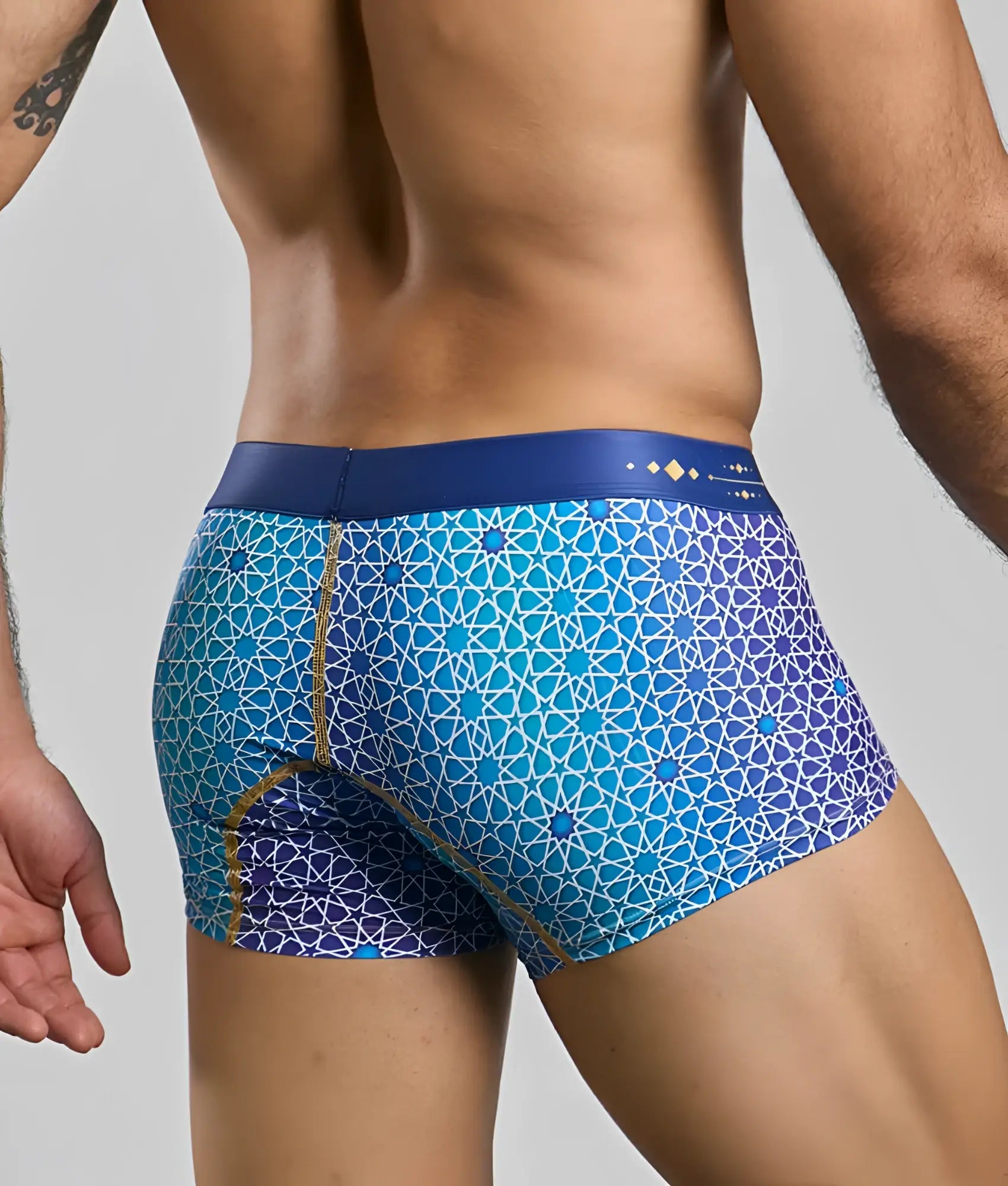 New malebasics trunk hipster men’s boxer briefs with blue and purple geometric pattern and navy waistband