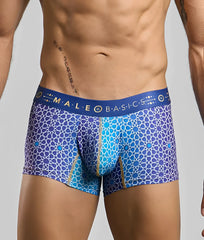 New malebasics trunk hipster men’s boxer briefs with blue and purple geometric pattern and male basic waistband