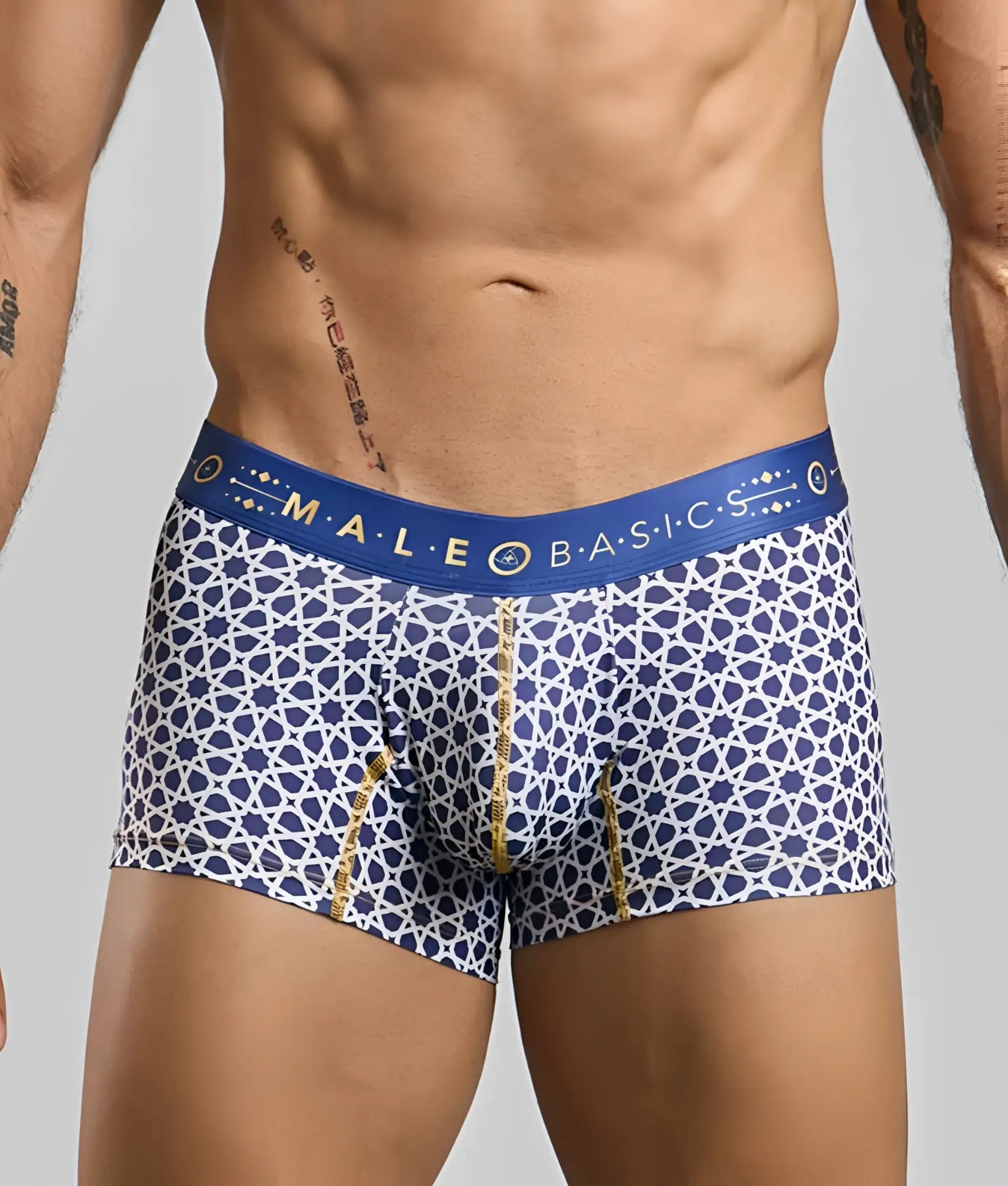 New malebasics trunk hipster men’s boxer briefs with blue white geometric pattern and gold trim waistband
