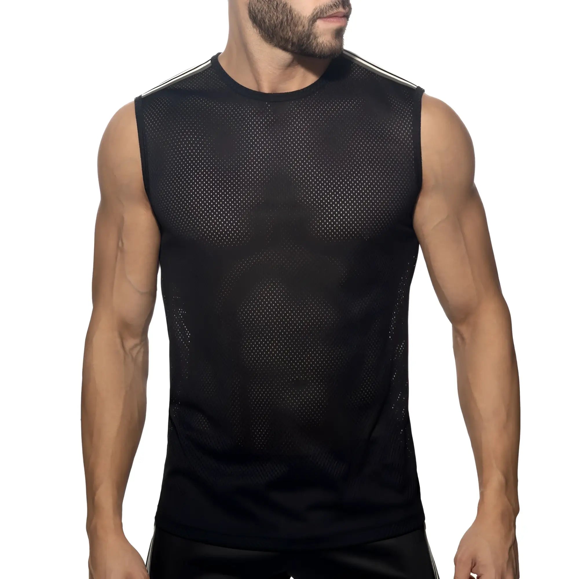 Nexus mesh tank top is a black sleeveless athletic top with white shoulder stripes made from breathable mesh fabric