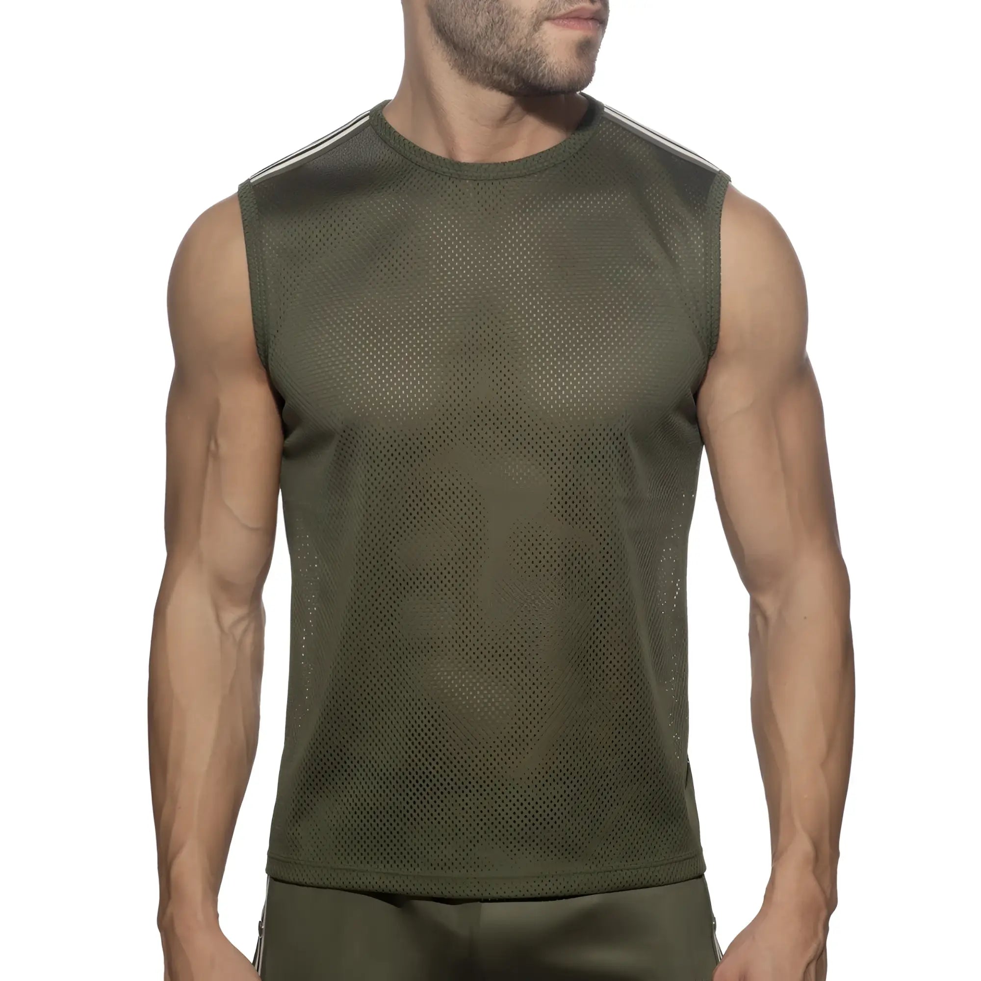 Nexus mesh tank top olive green sleeveless athletic top with white stripes along the shoulders and mesh fabric