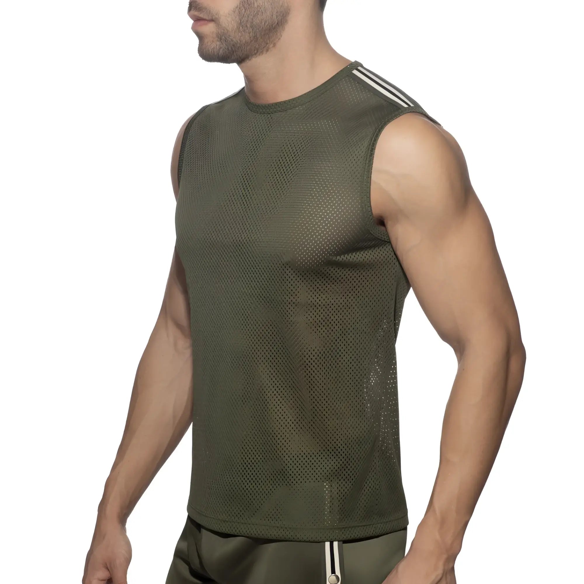 Nexus mesh tank top olive green sleeveless athletic top with three white stripes along the shoulder