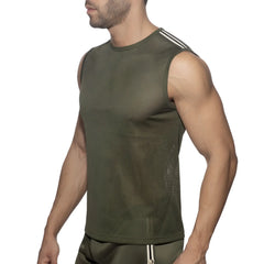 Nexus mesh tank top olive green sleeveless athletic top with three white stripes along the shoulder
