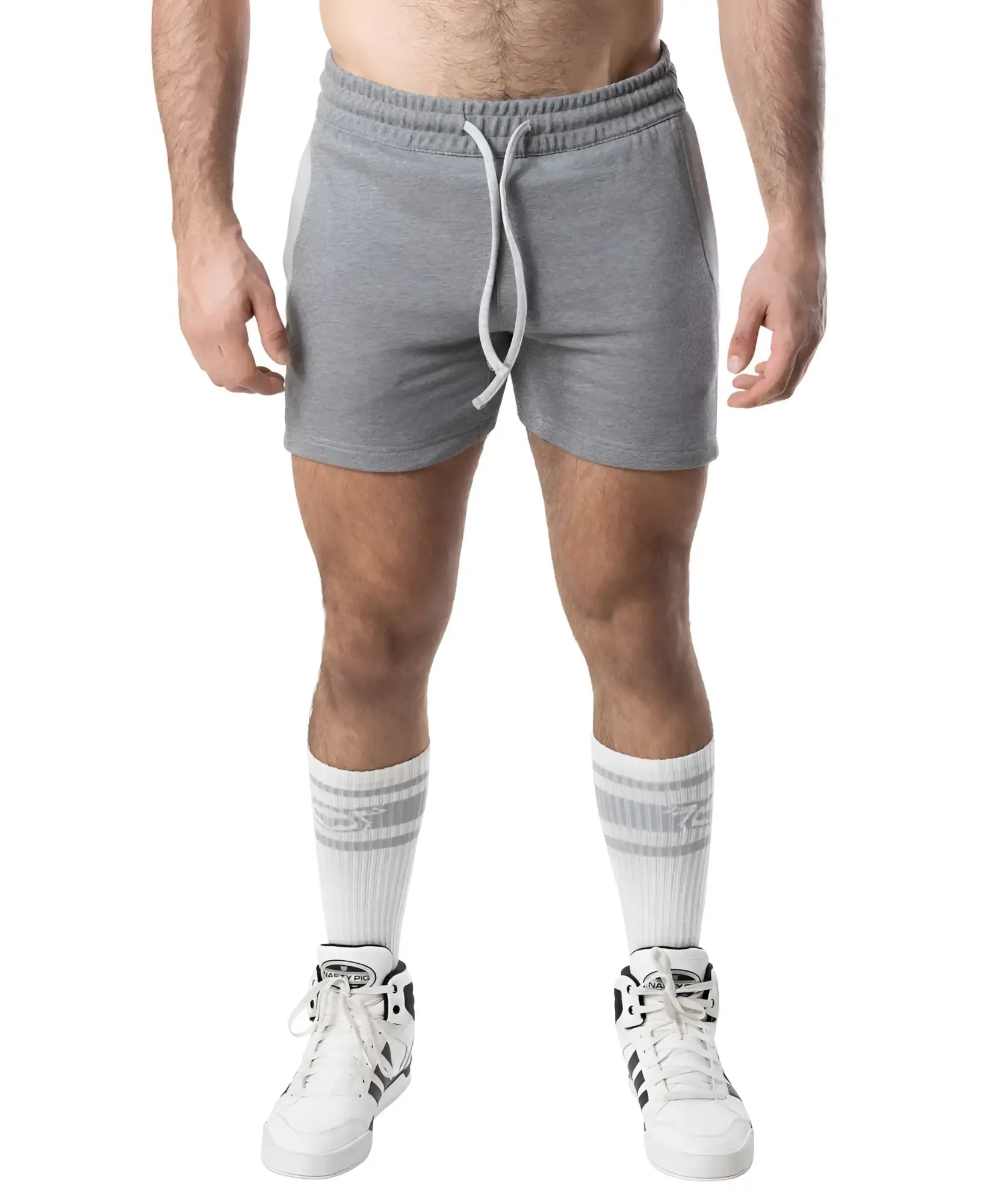Gray heathered nexus rugby short sweatshorts with drawstring waistband and side pockets for casual wear