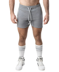 Gray heathered nexus rugby short sweatshorts with drawstring waistband and side pockets for casual wear
