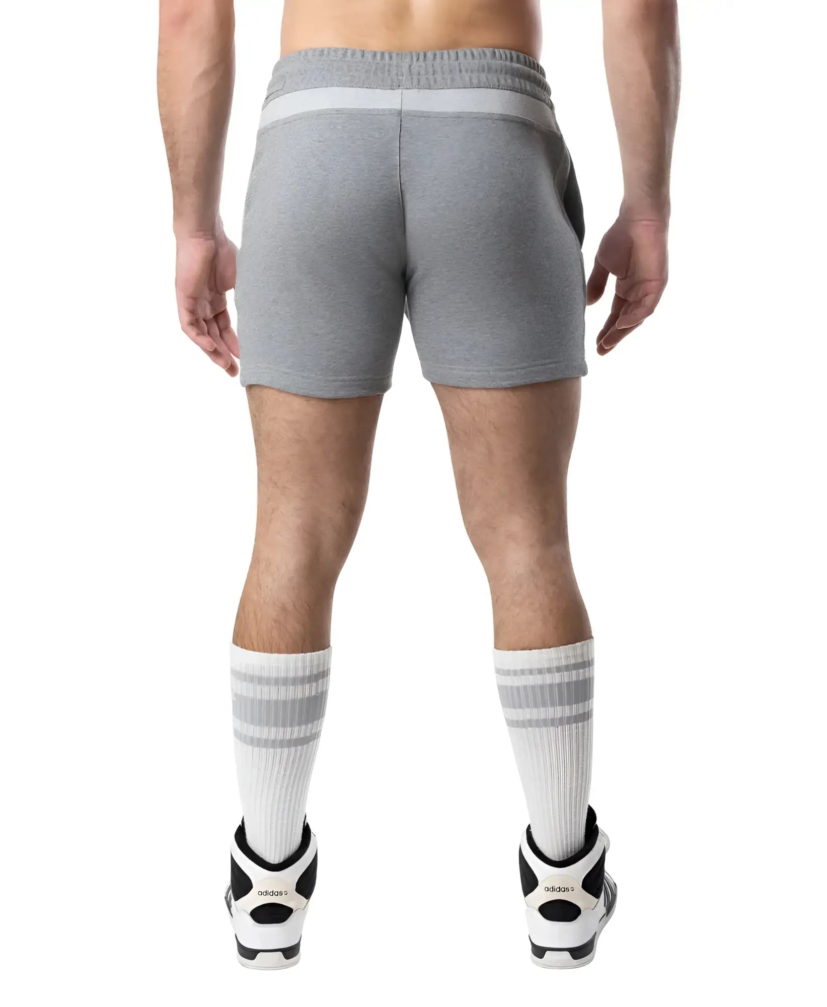Nexus rugby short gray heathered sweatshorts with white elastic waistband and side pockets
