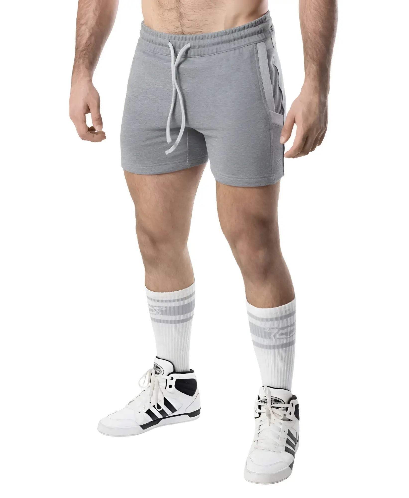 Nexus rugby short gray heathered sweatshorts with white drawstring and side pockets for casual wear