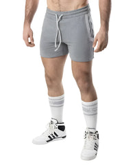 Nexus rugby short gray heathered sweatshorts with white drawstring and side pockets for casual wear
