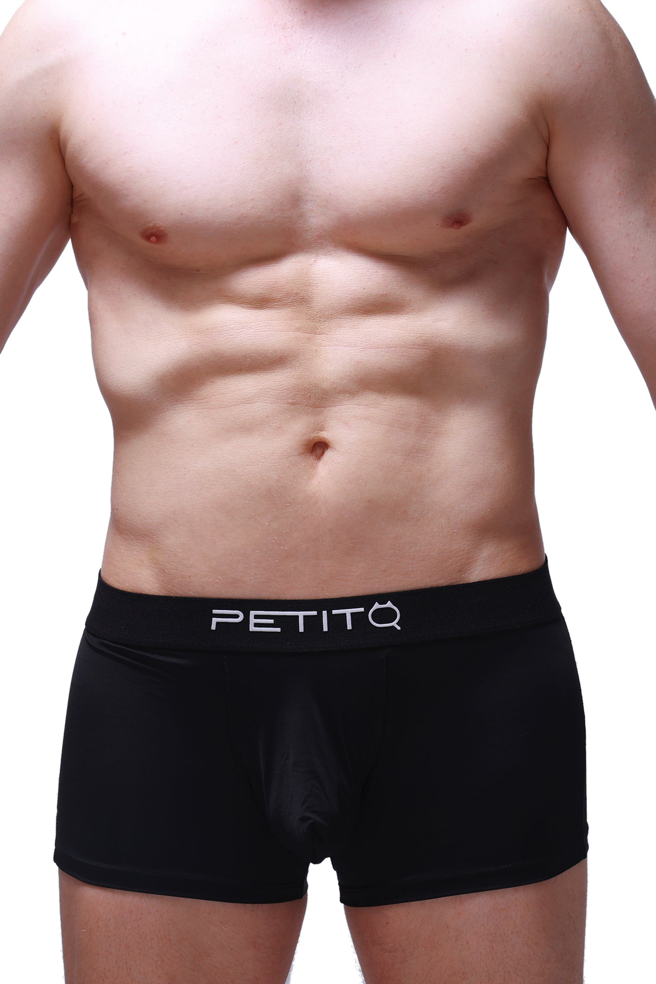 Black petitq boxer hang boxer briefs with smooth form fitting design and white logo on waistband