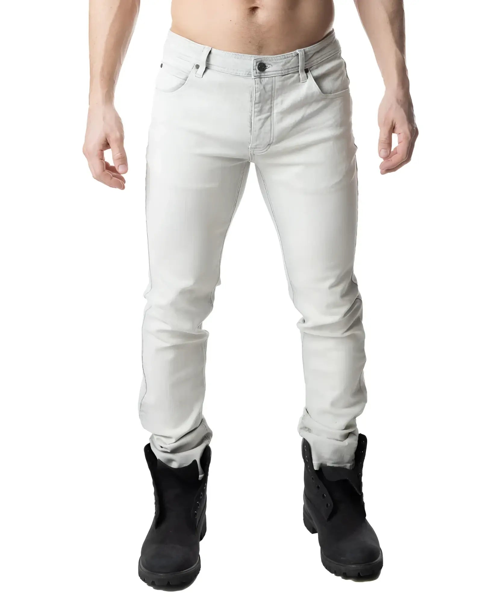 Light gray slim-fit denim jeans with classic five-pocket design and rolled cuffs from NP JEAN bleached collection