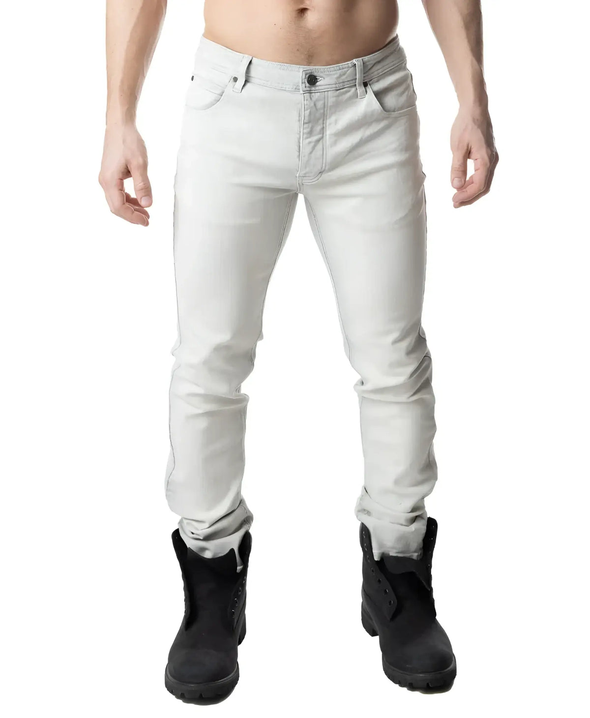 Light gray slim-fit denim jeans with classic five-pocket design and rolled cuffs from NP JEAN bleached collection