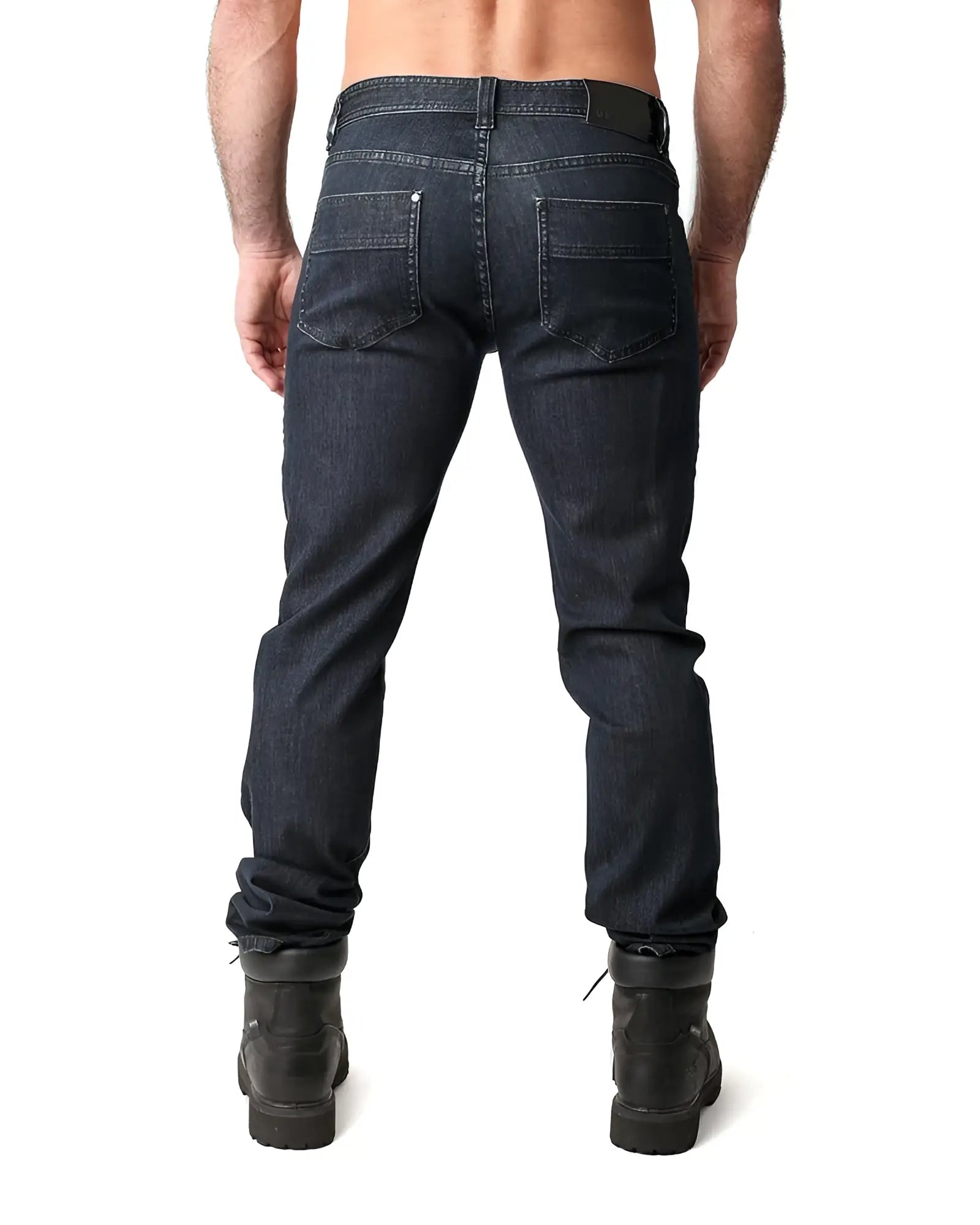 Dark indigo denim np jean with straight-leg cut and classic back pockets shown from the back side