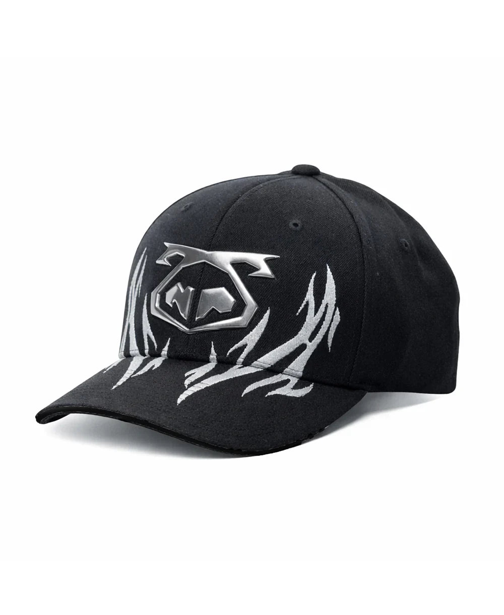 Black baseball cap barbed wire snout cap with silver metallic logo and flame embroidery on the front