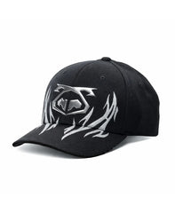 Black baseball cap barbed wire snout cap with silver metallic logo and flame embroidery on the front