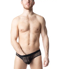 Black sheer mesh blur bikini brief with solid black waistband showing front side design