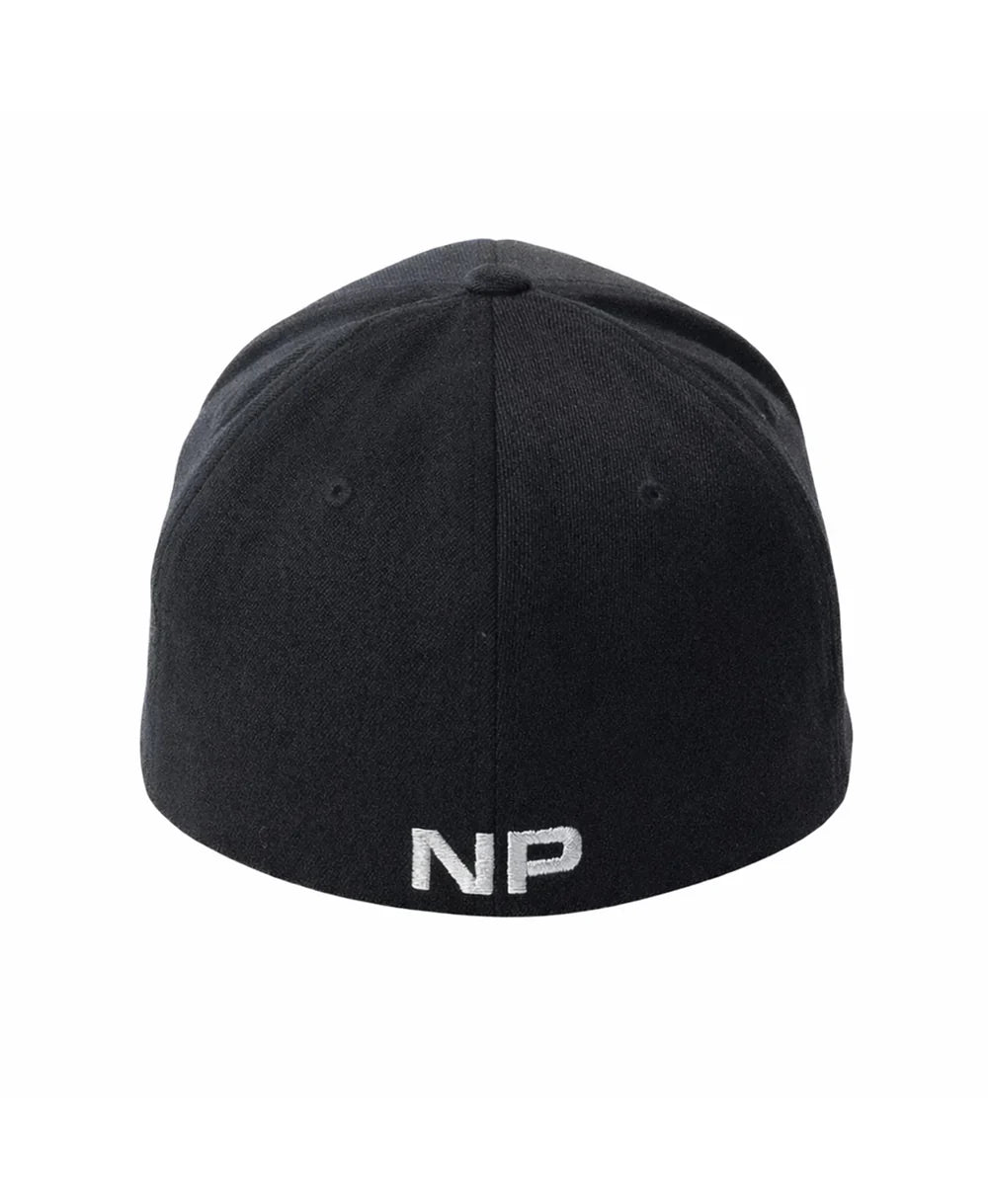 Black fitted barbed wire snout cap showing the back with white embroidered np logo on the fabric