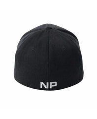 Black fitted barbed wire snout cap showing the back with white embroidered np logo on the fabric