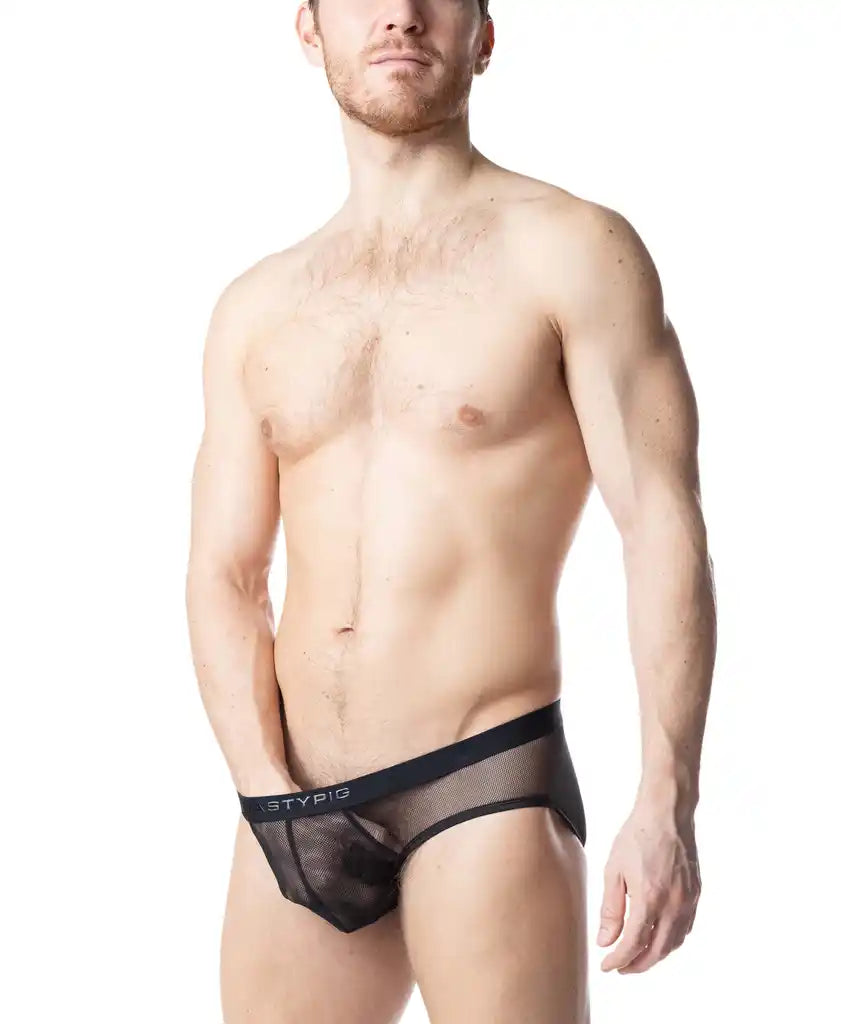 Black mesh blur bikini brief with solid black waistband featuring the stypig logo for stylish comfort