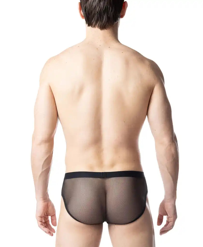 Black blur bikini brief with mesh fabric and solid black waistband showing front view