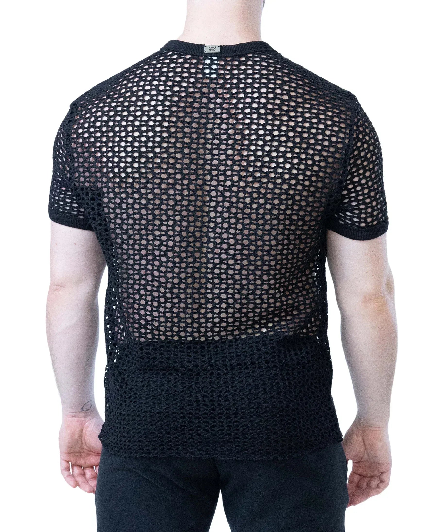Back view of a person wearing a black open-knit short sleeve shirt with a ribbed collar and cuffs by Nasty Pig