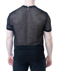 Back view of a person wearing a black open-knit short sleeve shirt with a ribbed collar and cuffs by Nasty Pig