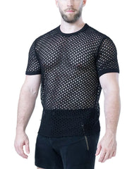Man wearing a black short-sleeve open-knit mesh shirt with solid trim on collar and cuffs by Nasty Pig